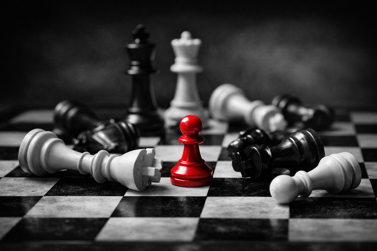 Black-and-white chessboard with fallen black and white pieces surrounding a single red pawn standing upright, symbolizing resilience and learning from failure