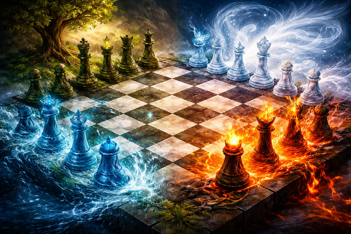 Fantasy chessboard with elemental fire, water, earth and air pieces in a dramatic battle scene, featuring glowing flames, swirling water, mossy earth figures and a stormy sky.