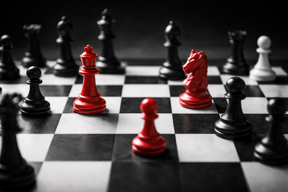 Black-and-white chessboard with a red bishop, knight, and pawn highlighting standout individuals.