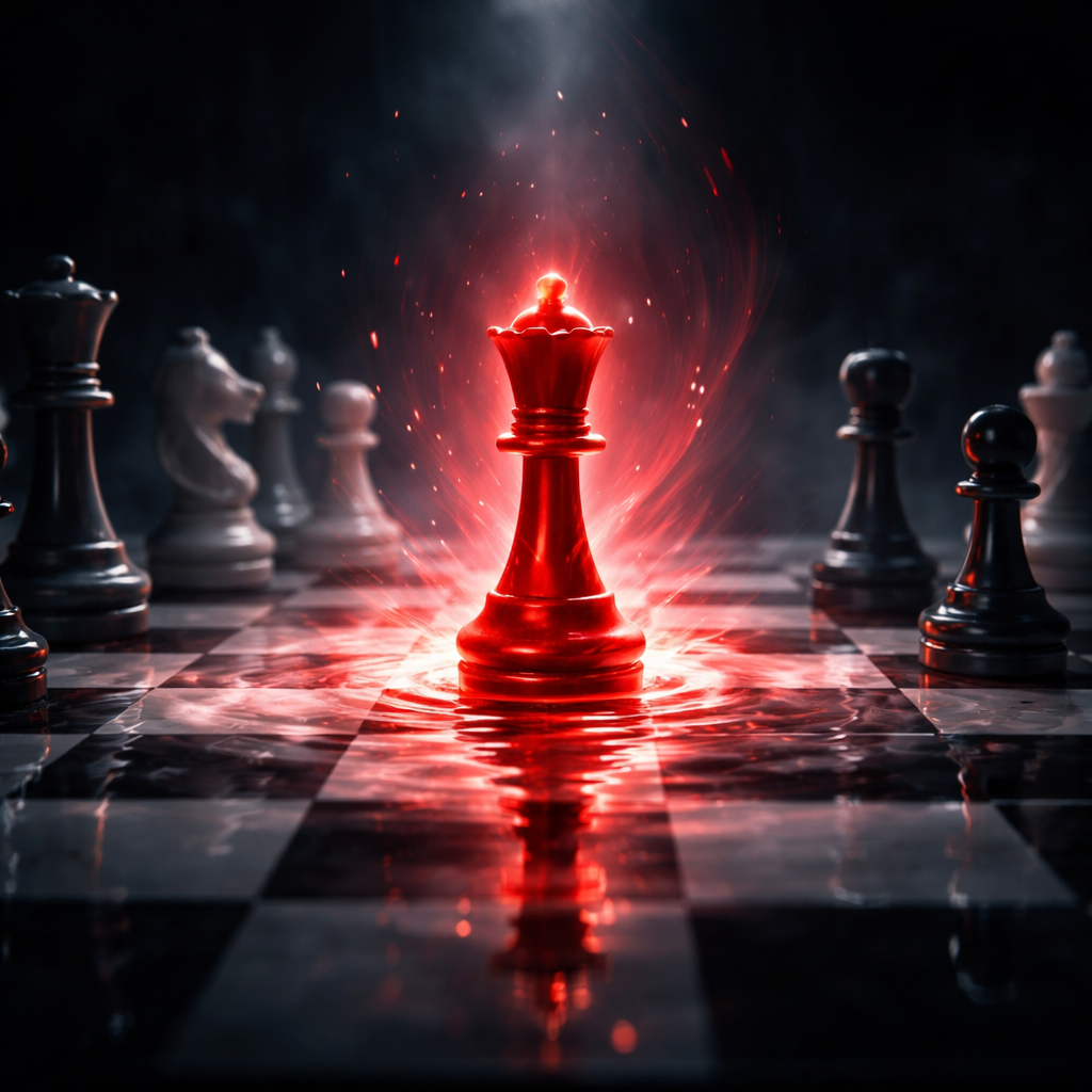 A glowing red queen chess piece rising from a reflective chessboard, surrounded by black and white pieces, with light rays and ripples symbolizing emergence, strength, and being seen.