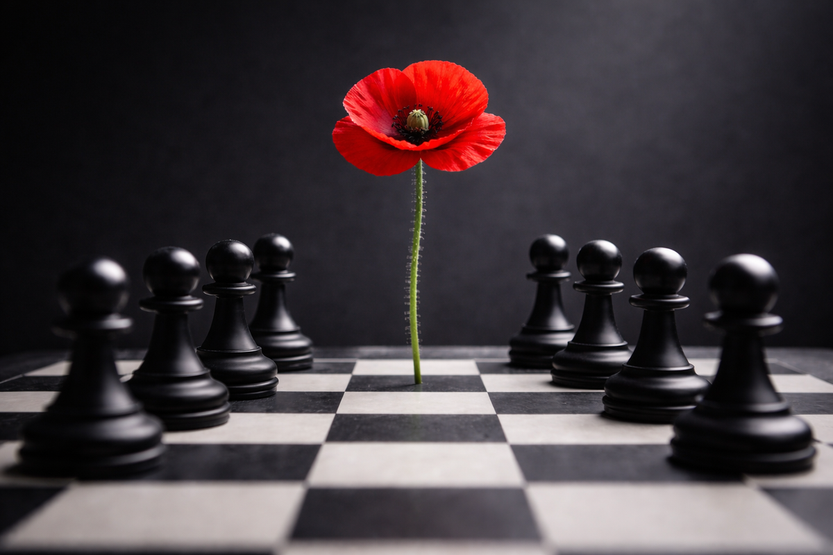 A single red poppy standing on a black-and-white chessboard, surrounded by black chess pawns, against a dark background.
