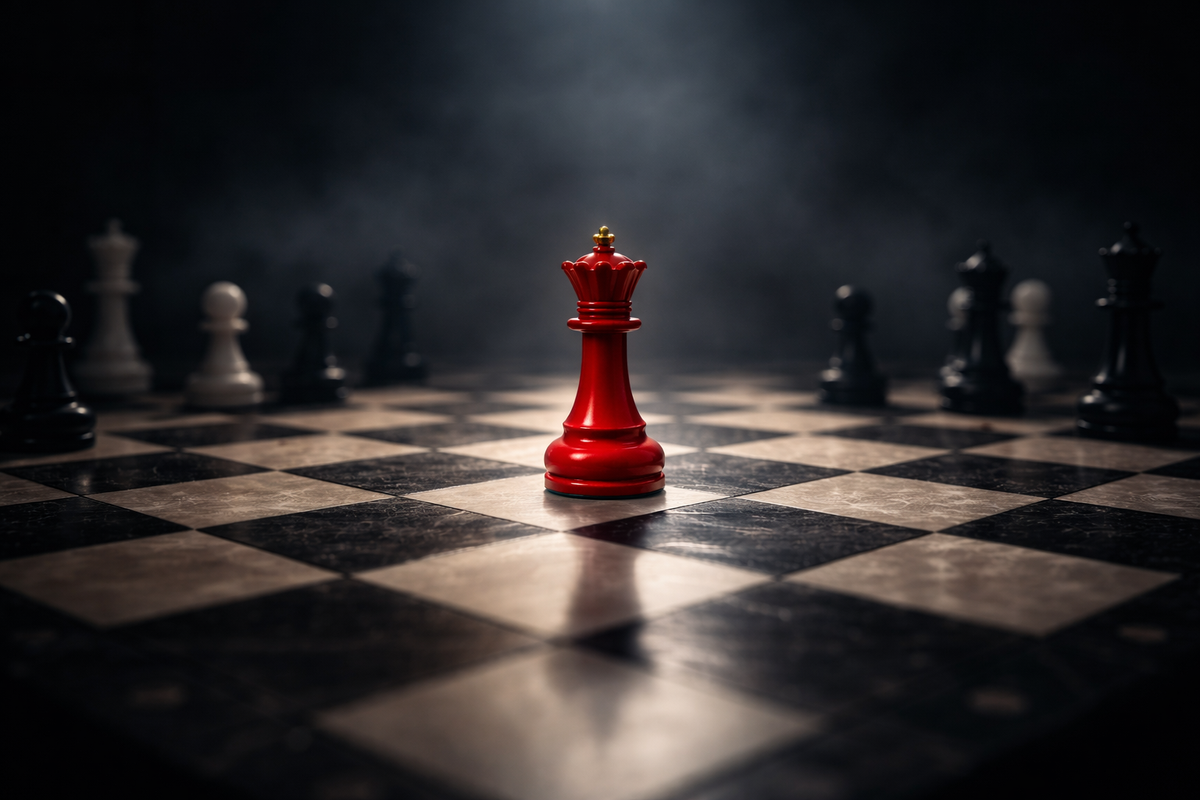 Red queen chess piece standing alone on a chessboard, symbolizing leadership, isolation, and responsibility.